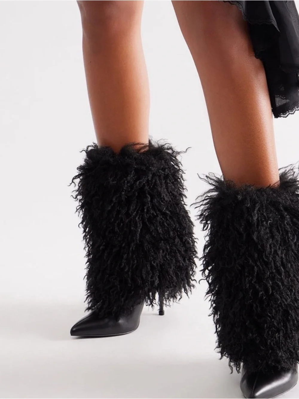 Black Faux Fur Pointed-Toe Ankle Booties